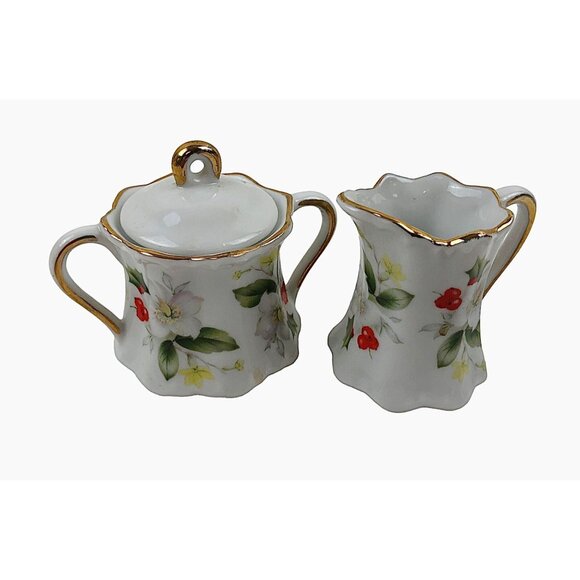 Vintage Porcelain Mini Creamer Sugar Set Floral Design Berries Leaves Gold Trim - Picture 4 of 10